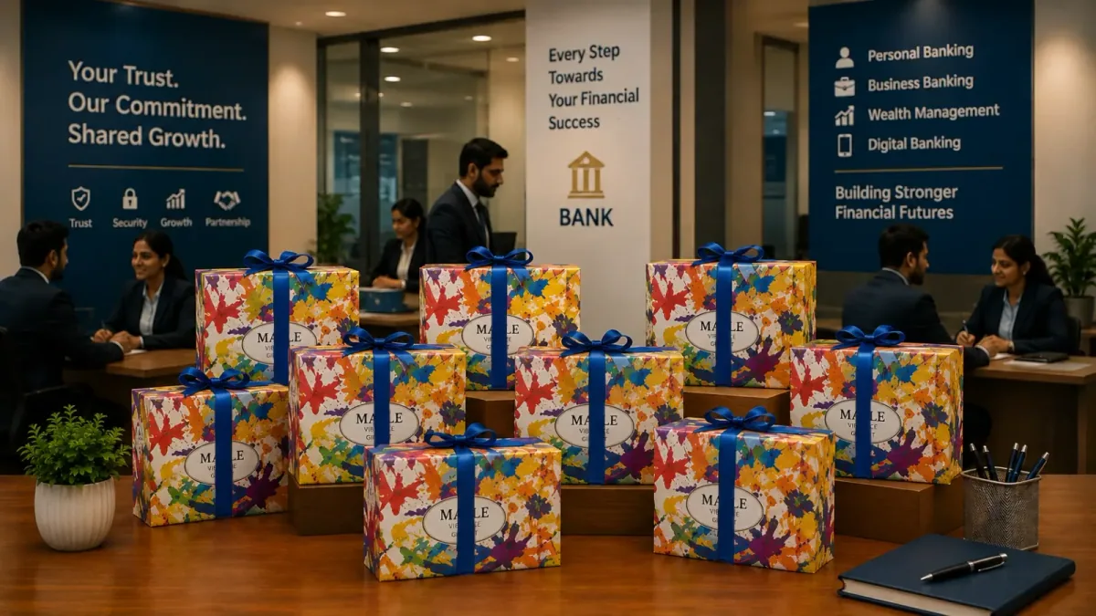 Banks & Financial InstitutionsBank office staff beside colourful maple-leaf patterned corporate gift boxes under a "Your Trust, Our Commitment" sign