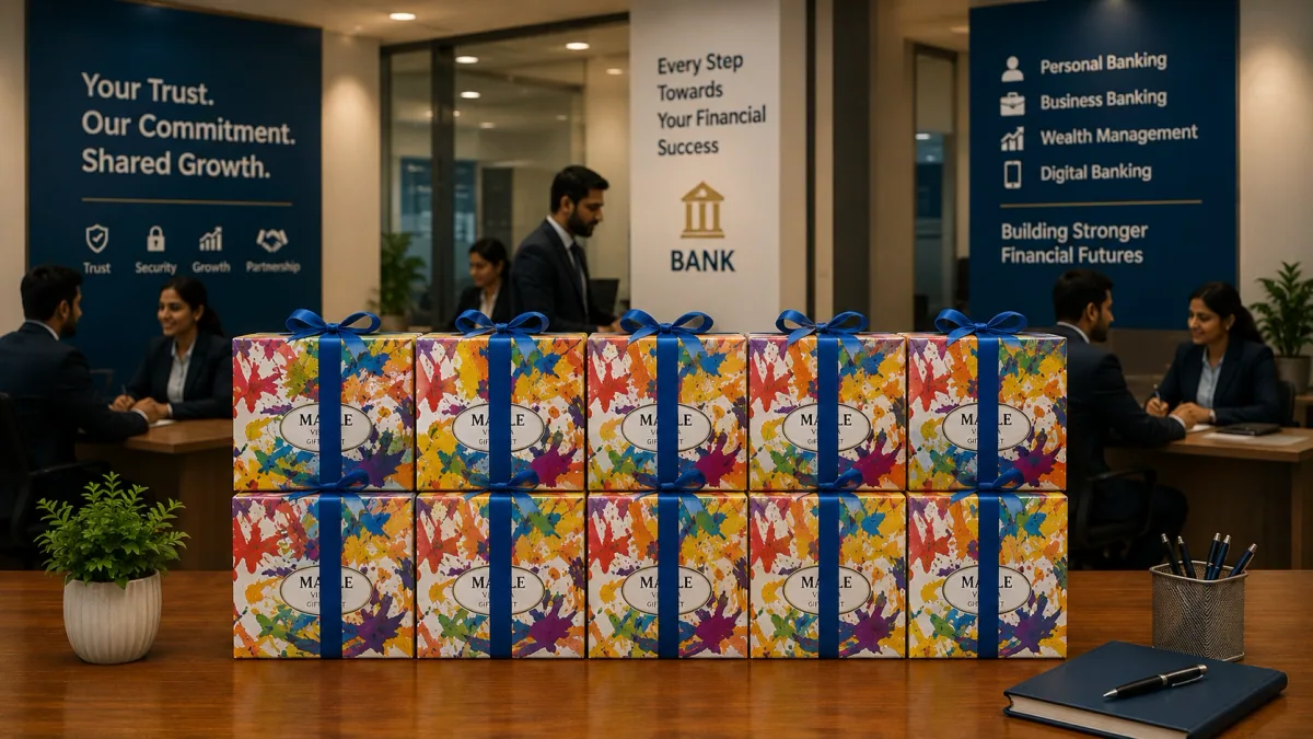 Branded corporate gift boxes stacked on a bank counter