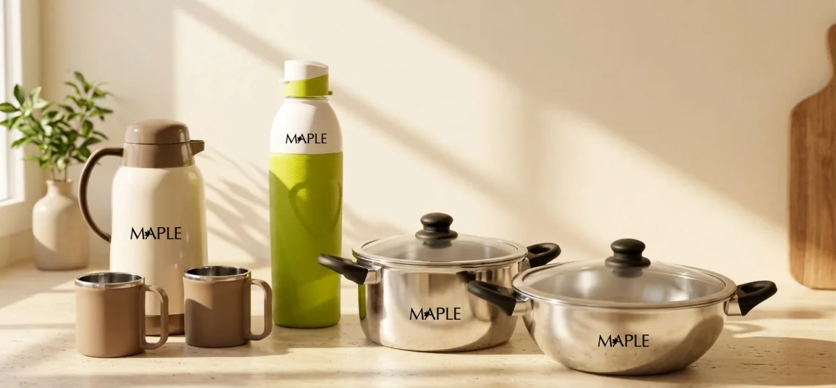 A flask, water bottle, two mugs and two steel pans carrying their stock branding
