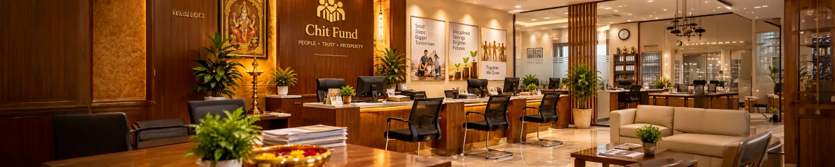 Chit fund branch staff at a service counter beside branded corporate gift boxes