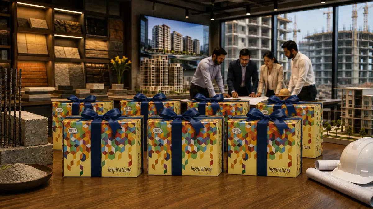 Construction Material Construction industry team reviewing building plans beside yellow geometric-patterned corporate gift boxes