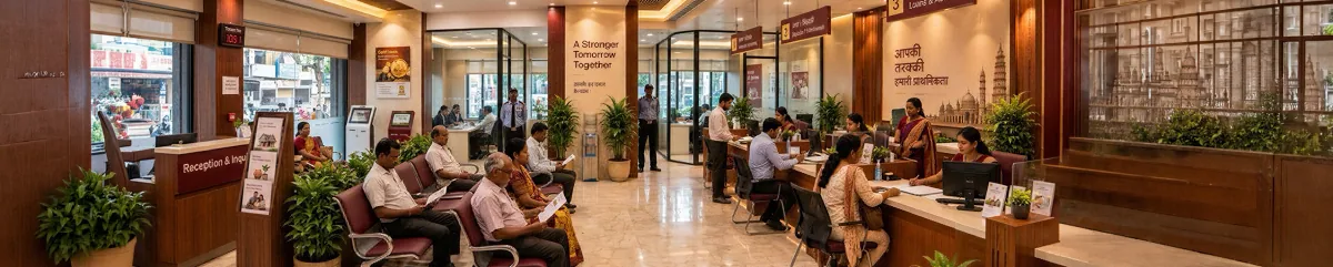 Co-operative bank staff assisting a member at the counter beside branded gift boxes