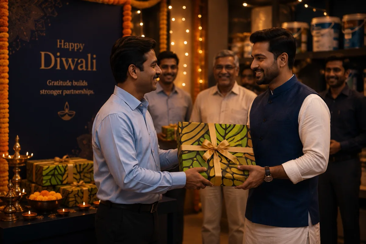 Two men exchanging a wrapped gift box at a paint counter, with diyas and marigolds