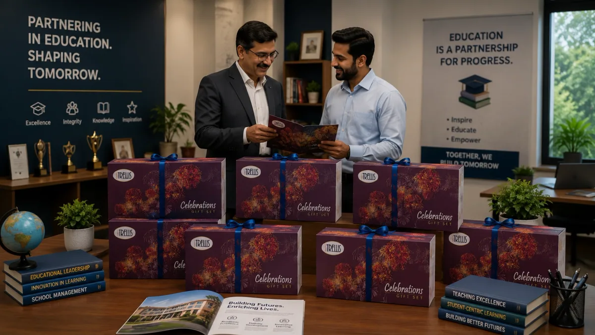 Educational InstitutionsEducational institution staff exchanging a Celebrations gift box beside books and a globe