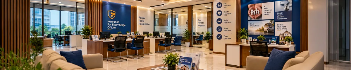 Insurance branch staff at a counter beside branded corporate gift boxes