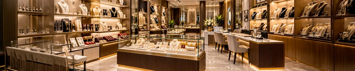 Jewellery showroom staff beside branded gift boxes displayed near the jewellery cases