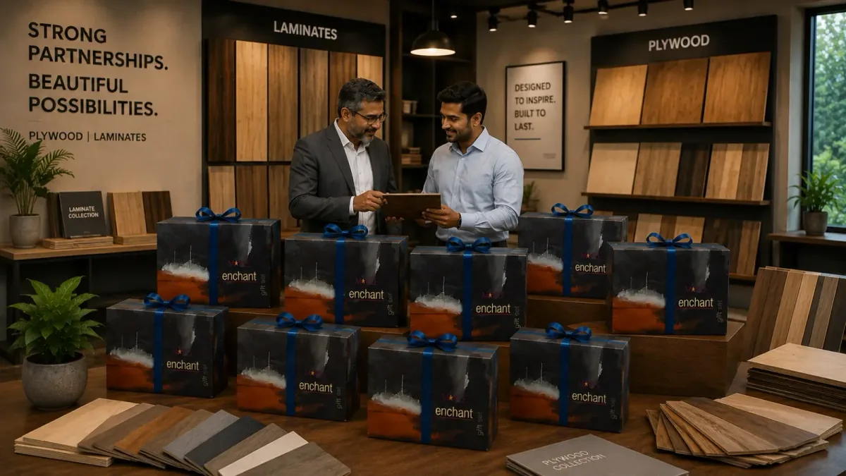 Plywood & LaminatePlywood and laminate showroom staff beside dark patterned corporate gift boxes near wood veneer samples