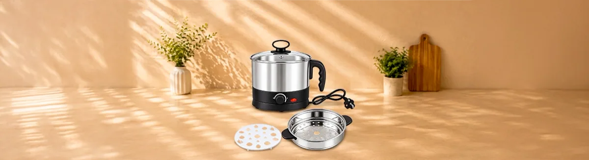 Electric steel multi-kettle with a glass lid, a steamer tray and an egg rack