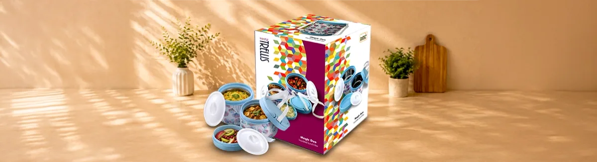 Two round lunch containers with pale blue lids and a carry handle, holding food