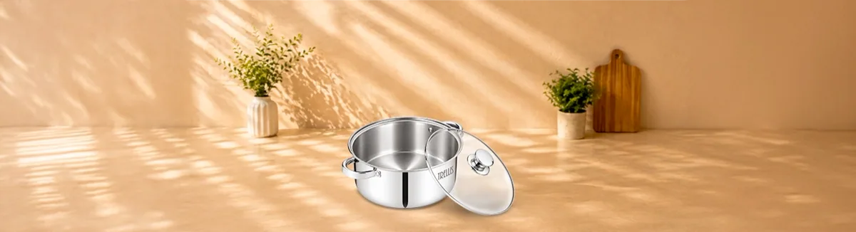 Steel pot with side handles and its glass lid tilted open