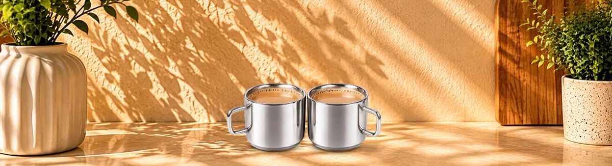 Two small stainless steel tea cups with side handles, filled with milky tea