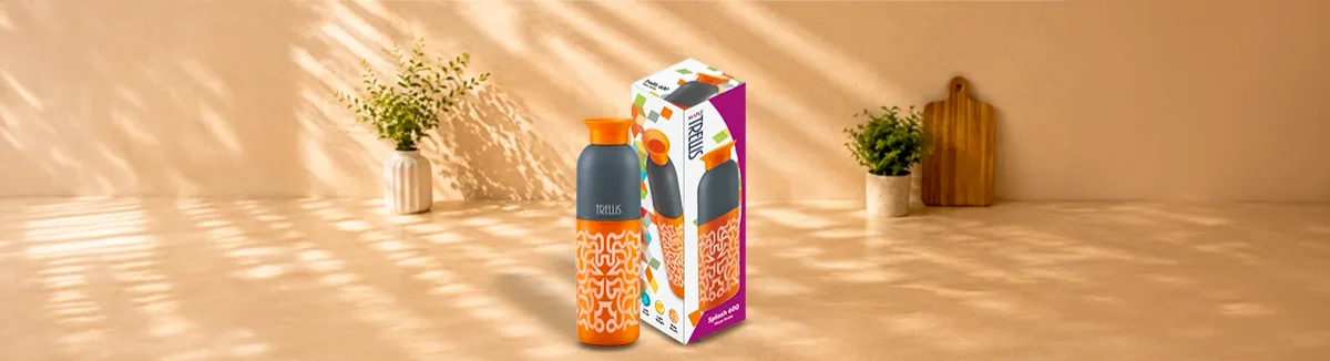 Orange and grey patterned water bottle with a flip cap, beside its printed carton